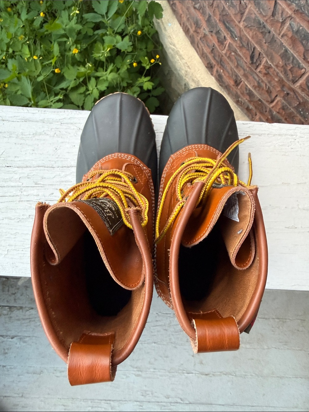 G.H. Bass & Co. Brown Leather and Black Rubber Duck Boots with Yellow Laces
